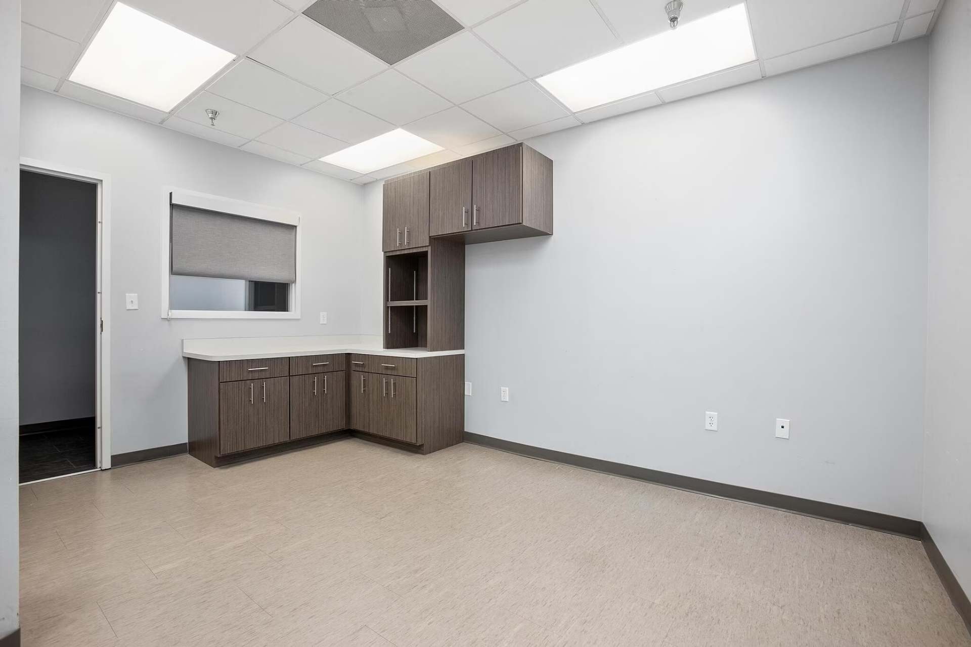 Suite kitchenette with modern cabinetry, quartz counters, and natural light